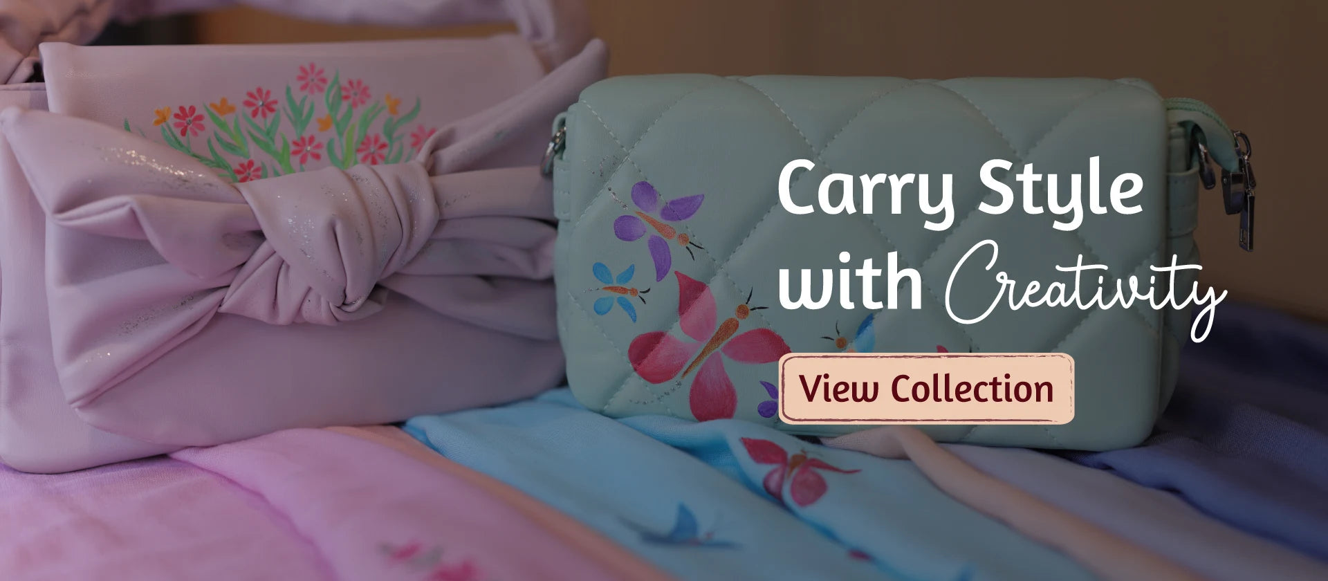 Hand-painted designer handbags with floral and butterfly artwork by Ekeha