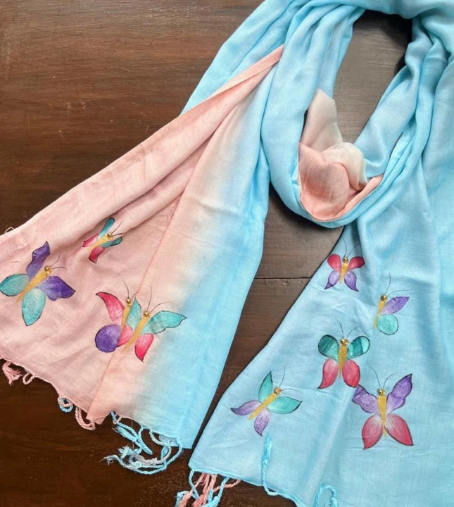 Hand painted butterfly scarf with pink and blue gradient fabric by Ekeha