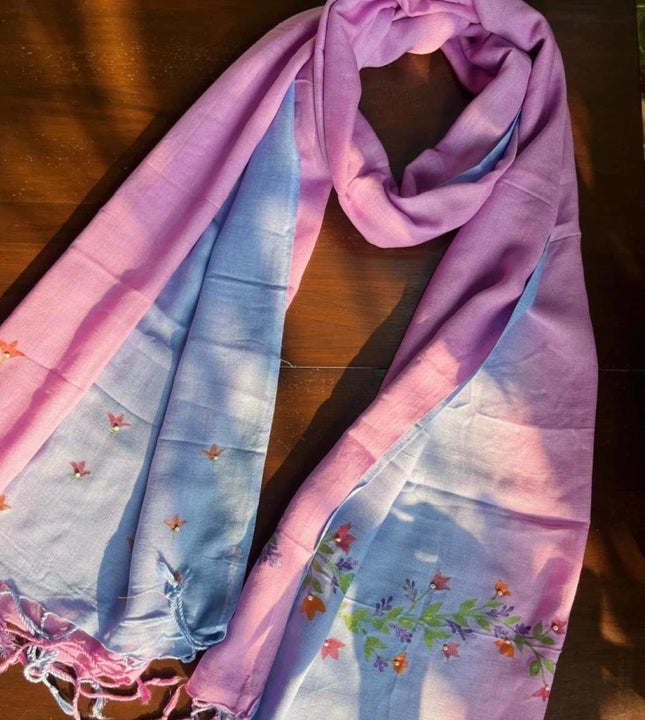Hand painted floral scarf in pink and blue gradient by Ekeha
