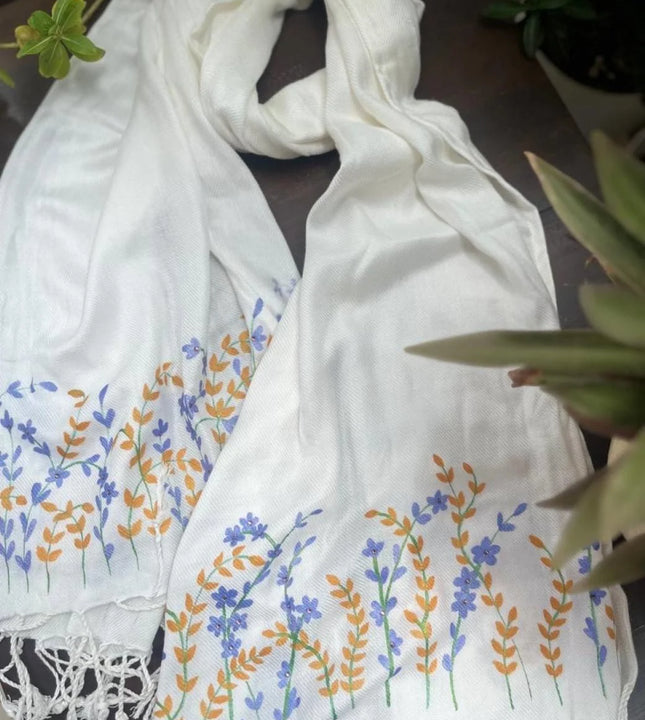 White hand painted floral scarf with blue and orange flowers by Ekeha