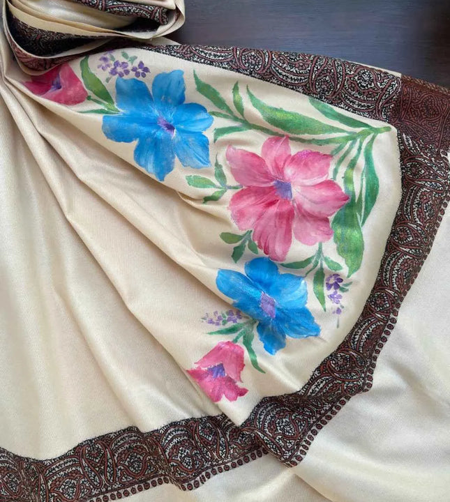 Hand painted floral shawl in cream fabric with blue and pink flowers by Ekeha