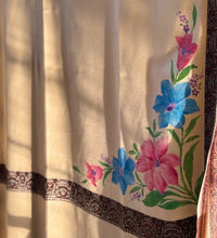 Cream hand painted shawl with colorful floral artwork and traditional border