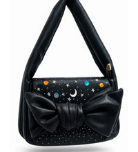 Black handbag with hand painted galaxy stars moon and bow design from Ekeha