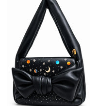Hand painted black handbag with galaxy stars and moon design