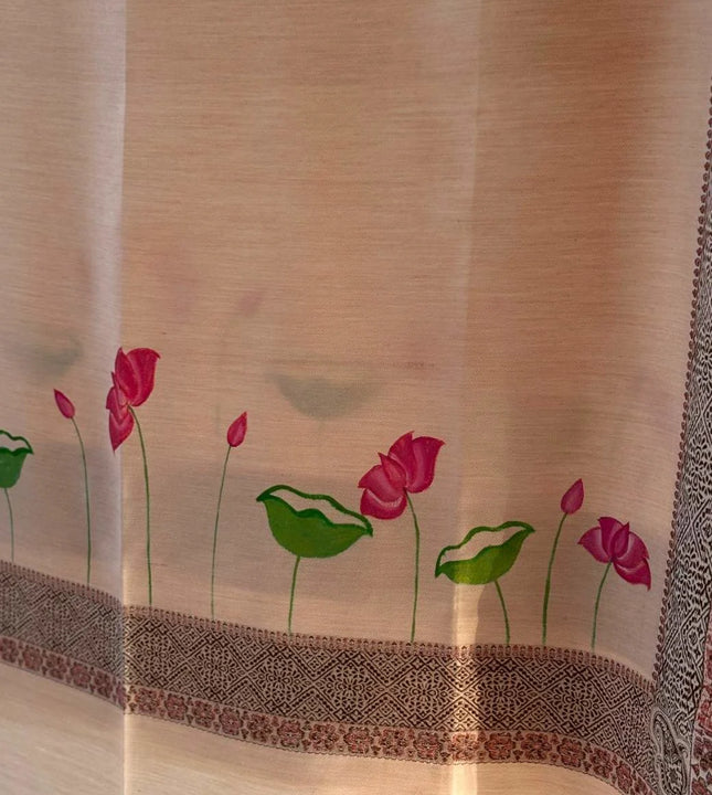 Hand painted cream shawl with pink lotus flower design and traditional border by Ekeha