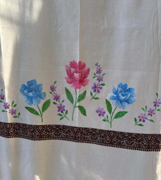 Hand painted cream shawl with multicolor floral artwork and traditional border by Ekeha