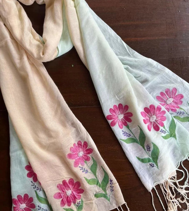 Hand painted pink floral scarf with peach and mint gradient by Ekeha