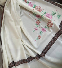 Hand painted cream shawl with pink rose floral design and traditional border by Ekeha