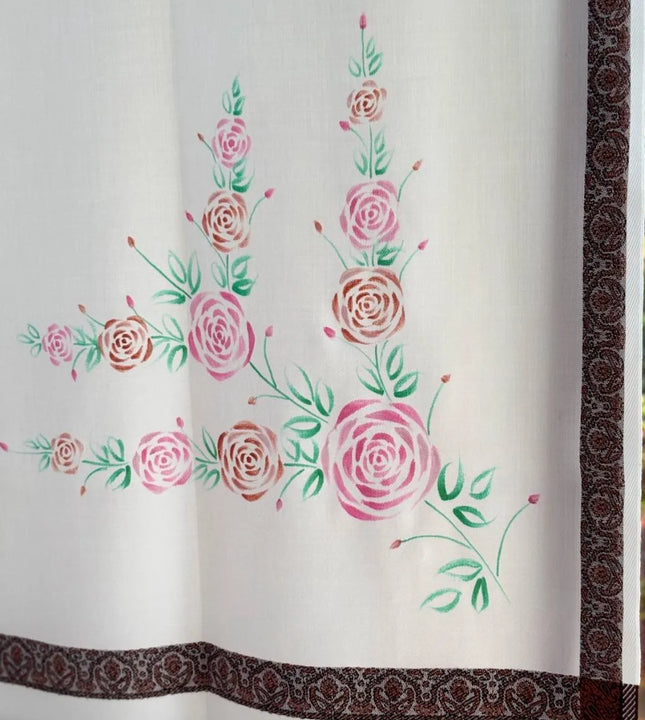 Cream shawl featuring hand painted rose floral artwork and traditional border