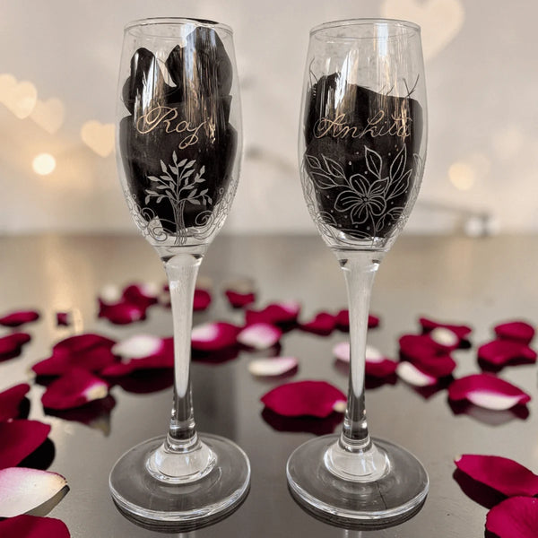 Personalised engraved champagne glasses with names from Ekeha glass collection