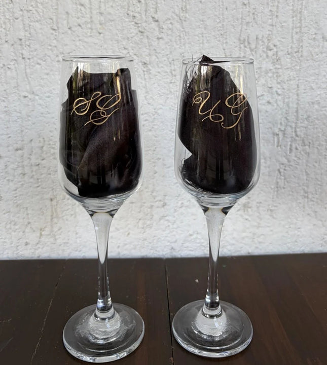 Personalised champagne glasses set with custom initials engraving by Ekeha