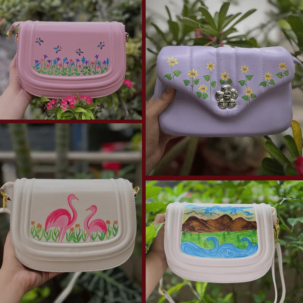 Hand-painted designer bags collection with floral, flamingo and landscape artwork by Ekeha