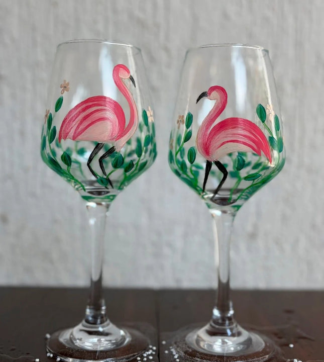 Hand painted flamingo wine glass set – artistic gift for home decor and special occasions